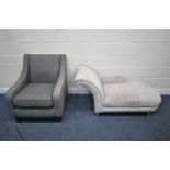 A GREY UPHOLSTERED ARMCHAIR, width 77cm x depth 88cm x height 88cm, along with a modern chaise