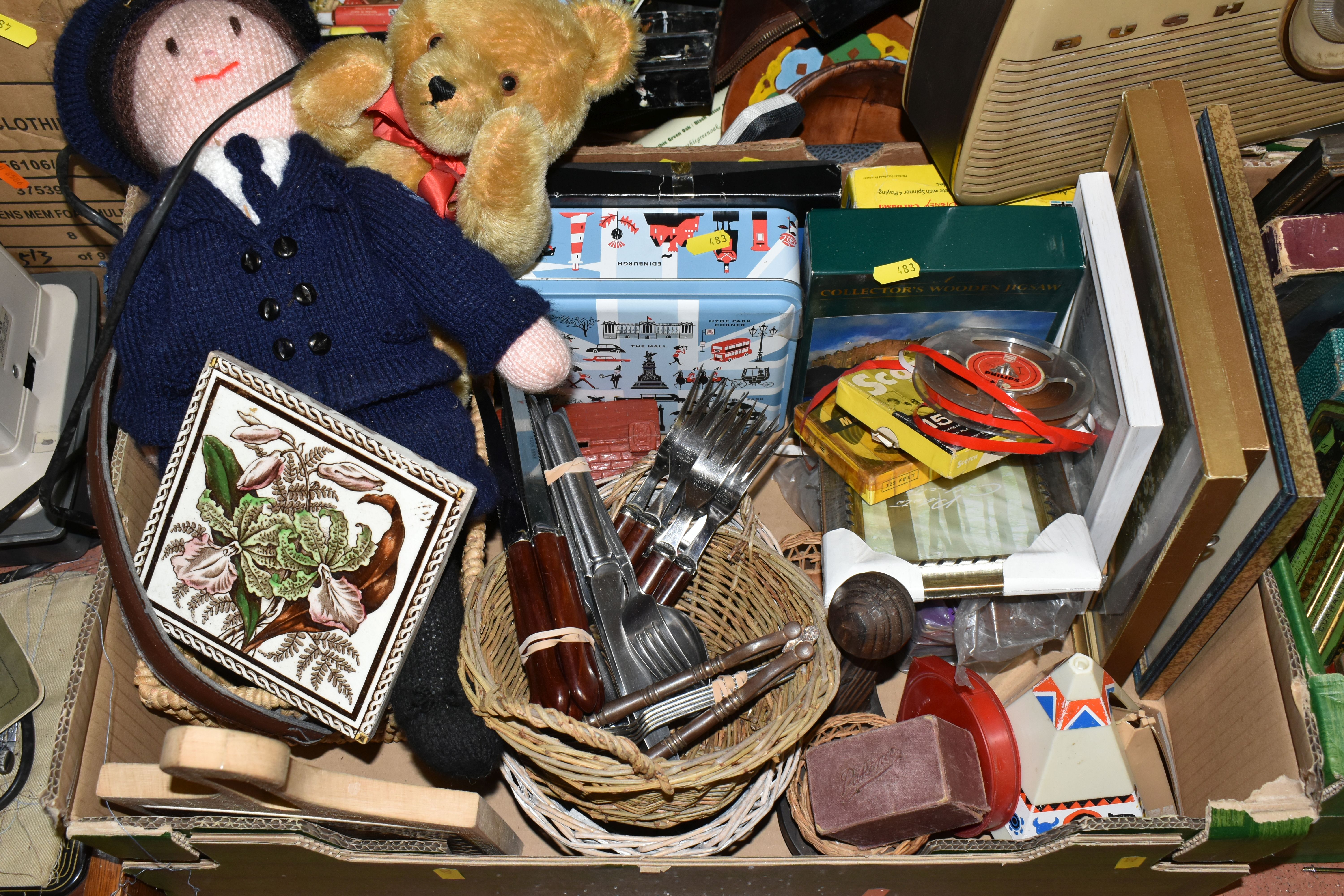FIVE BOXES AND LOOSE MISCELLANEOUS SUNDRIES, to include a collection of vintage tins, a vintage Bush - Image 5 of 11