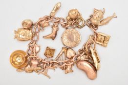 A 9CT GOLD CHARM BRACELET, rose gold curb link bracelet, each link stamped 9.375, fitted with a