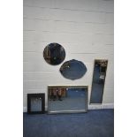A RECTANGULAR GILT FRAME WALL MIRROR, 104cm x 74cm, two other rectangular mirrors, an ornate