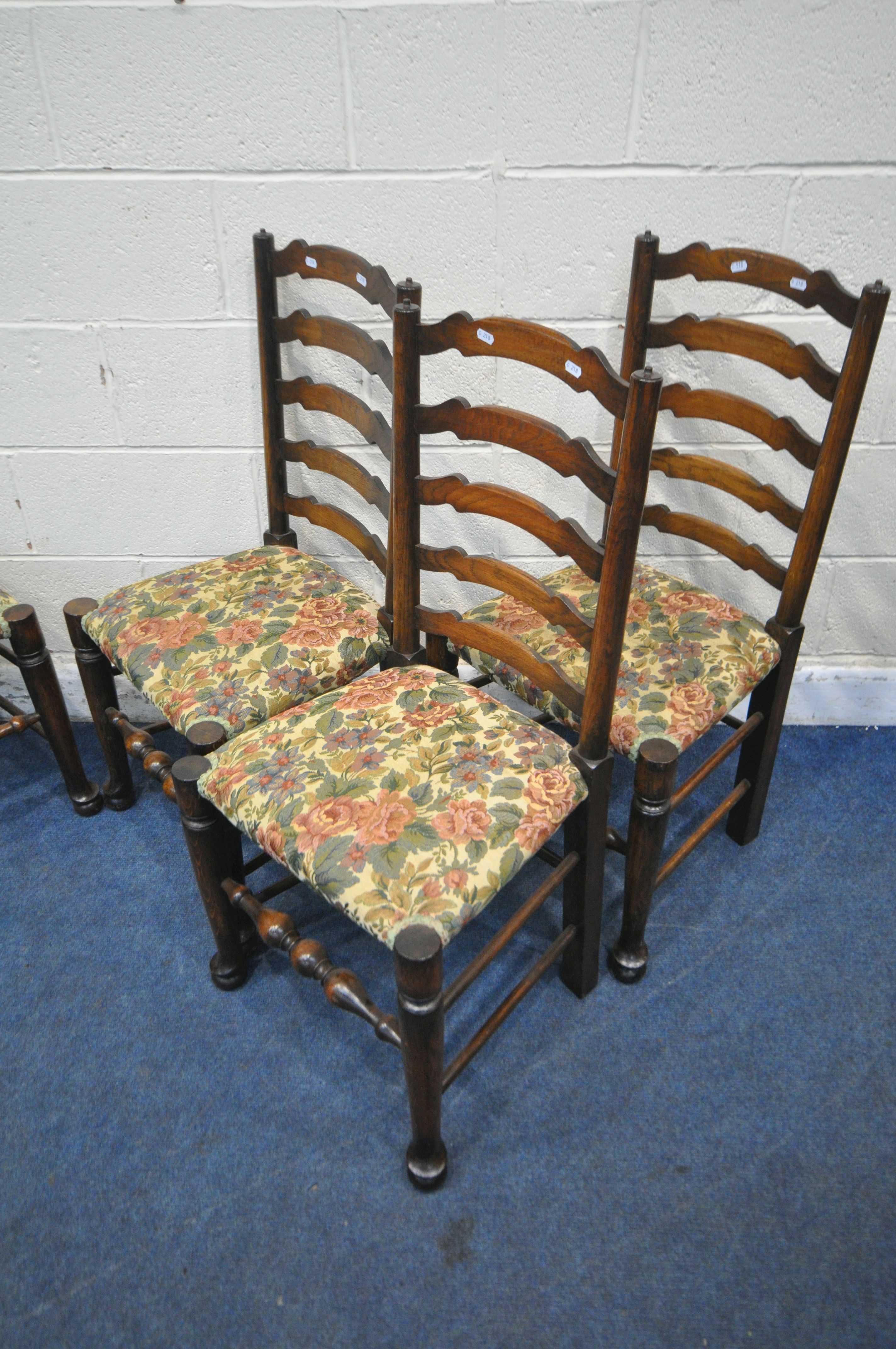 A SET OF SIX OAK LADDER BACK CHAIRS, with beige and floral upholstery, on turned legs and stretchers - Image 2 of 4