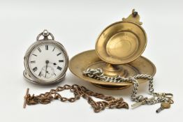 A SILVER CASED OPEN FACE POCKET WATCH, key wound movement, round white dial, Roman numerals,