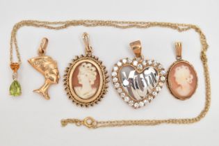 FIVE PENDANTS AND A CHAIN, to include a 'Mum' heart shape pendant set with cubic zirconia, fitted