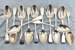 A MATCHED SET OF TWELVE GEORGE IV TO VICTORIAN SILVER FIDDLE PATTERN TABLESPOONS, including a pair