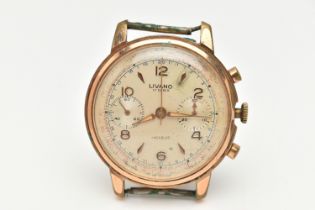 A 'LIVANO' CHRONOGRAPH WATCH HEAD, hand wound movement, round dial signed 'Livano', Arabic