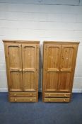 TWO MODERN PINE DOUBLE DOOR WARDROBES, each with two drawers, width 92cm x depth 54cm x height 181cm