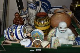 TWO BOXES OF DECORATIVE CERAMICS AND DINNER WARES ETC, to include a Moroccan Saffi vase, a Chinese
