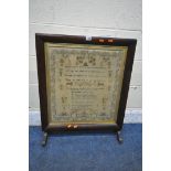 A VICTORIAN ROSEWOOD TAPESTRY FIRE SCREEN, with a needlework mourning tapestry, width 64cm x 79cm (