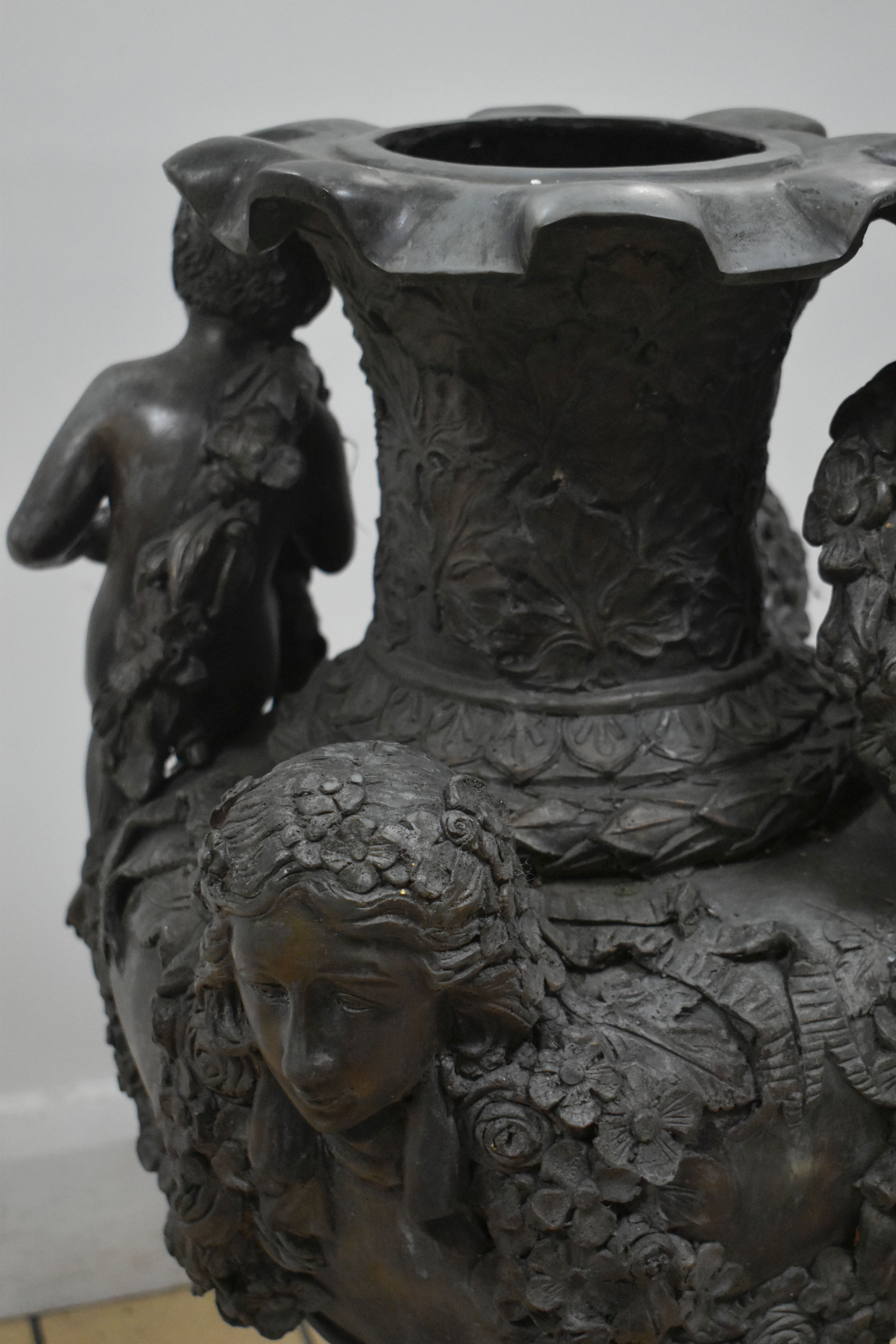 A PAIR OF SECOND HALF 20TH CENTURY WEATHERED BRONZE URNS, cast with two seated putti, two female - Image 11 of 15