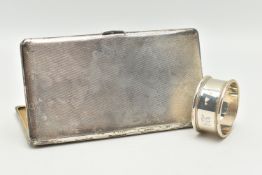 TWO SILVER ITEMS, to include a rectangular form cigarette case, engine turned pattern, gilt
