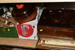SEVEN BOXES OF KITCHENWARE AND SUNDRIES, to include oven dishes, framed prints, Christmas