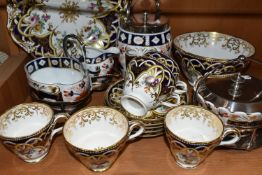 A GROUP OF TEA WARE, comprising a hand painted part tea set: a cake plate, a slop bowl, five teacups