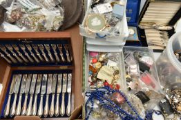 A BOX OF COSTUME JEWELLERY AND WHITE METAL WARE, large quantity of assorted costume earrings, beaded