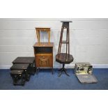 A 20TH CENTURY OAK CABINET, with a single fall front door, width 53cm x depth 37cm x height 95cm, an