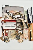 A BOX OF ASSORTED WATCHES AND OTHER ITEMS, ladies and gents watches, names to include Smiths Empire,