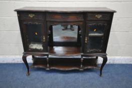 AN EDWARDIAN MAHOGANY SIDEBOARD, fitted with two drawers and two cupboard doors, flanking a