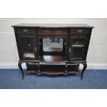 AN EDWARDIAN MAHOGANY SIDEBOARD, fitted with two drawers and two cupboard doors, flanking a