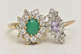 TWO 9CT GOLD GEM SET RINGS, the first designed as a central oval dyed chalcedony within a two tier