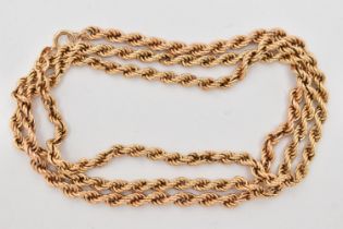 A 9CT GOLD ROPE TWIST CHAIN NECKLACE, hollow links, fitted with a spring clasp, hallmarked 9ct