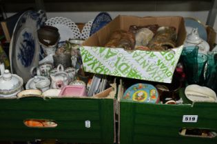 THREE BOXES OF CERAMICS, GLASS AND SUNDRY ITEMS, to include a small copper vase by Henry Loveridge &