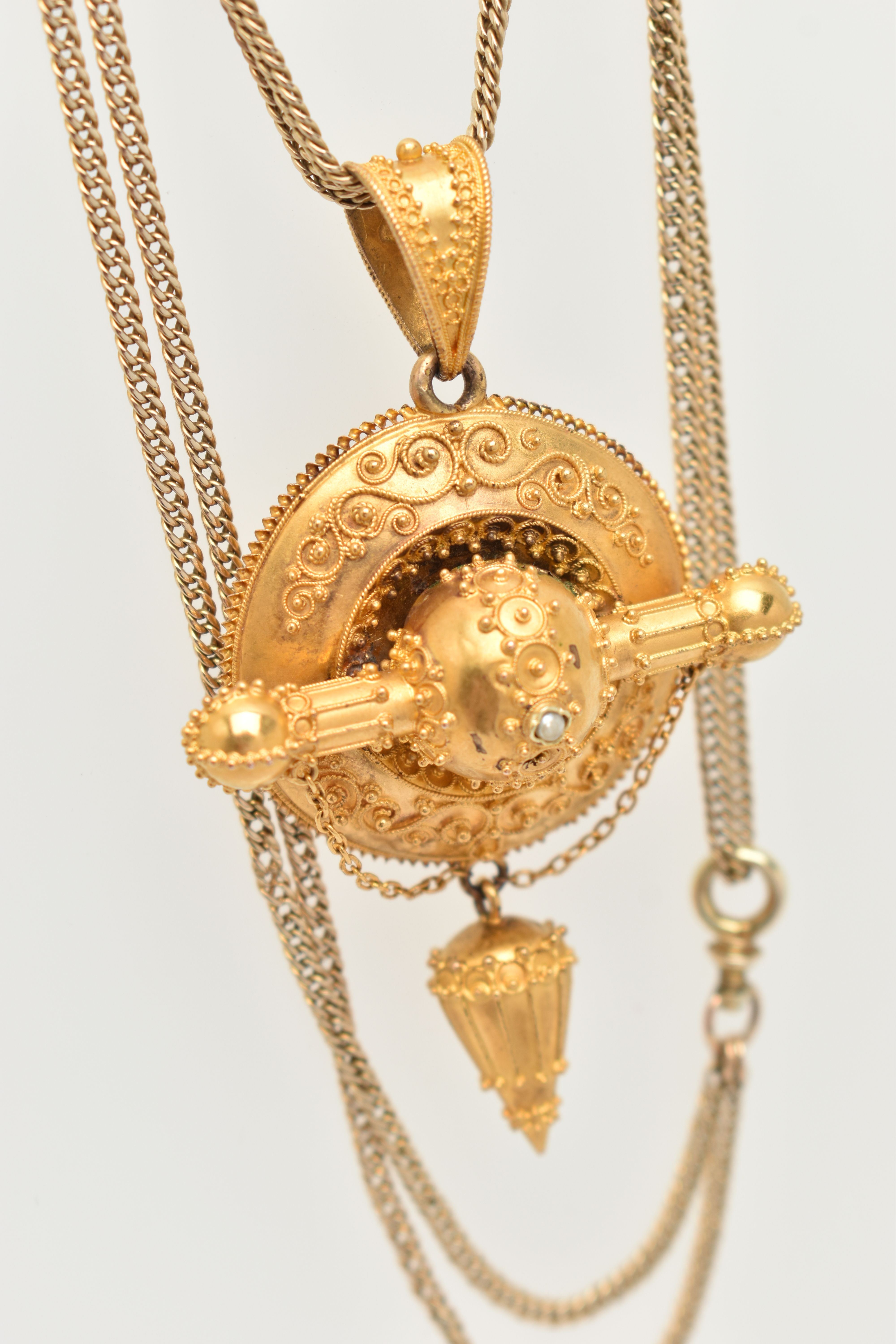 A LATE GEORGIAN/EARLY VICTORIAN PENDANT, of circular outline with cannetille detail, central seed - Image 5 of 6