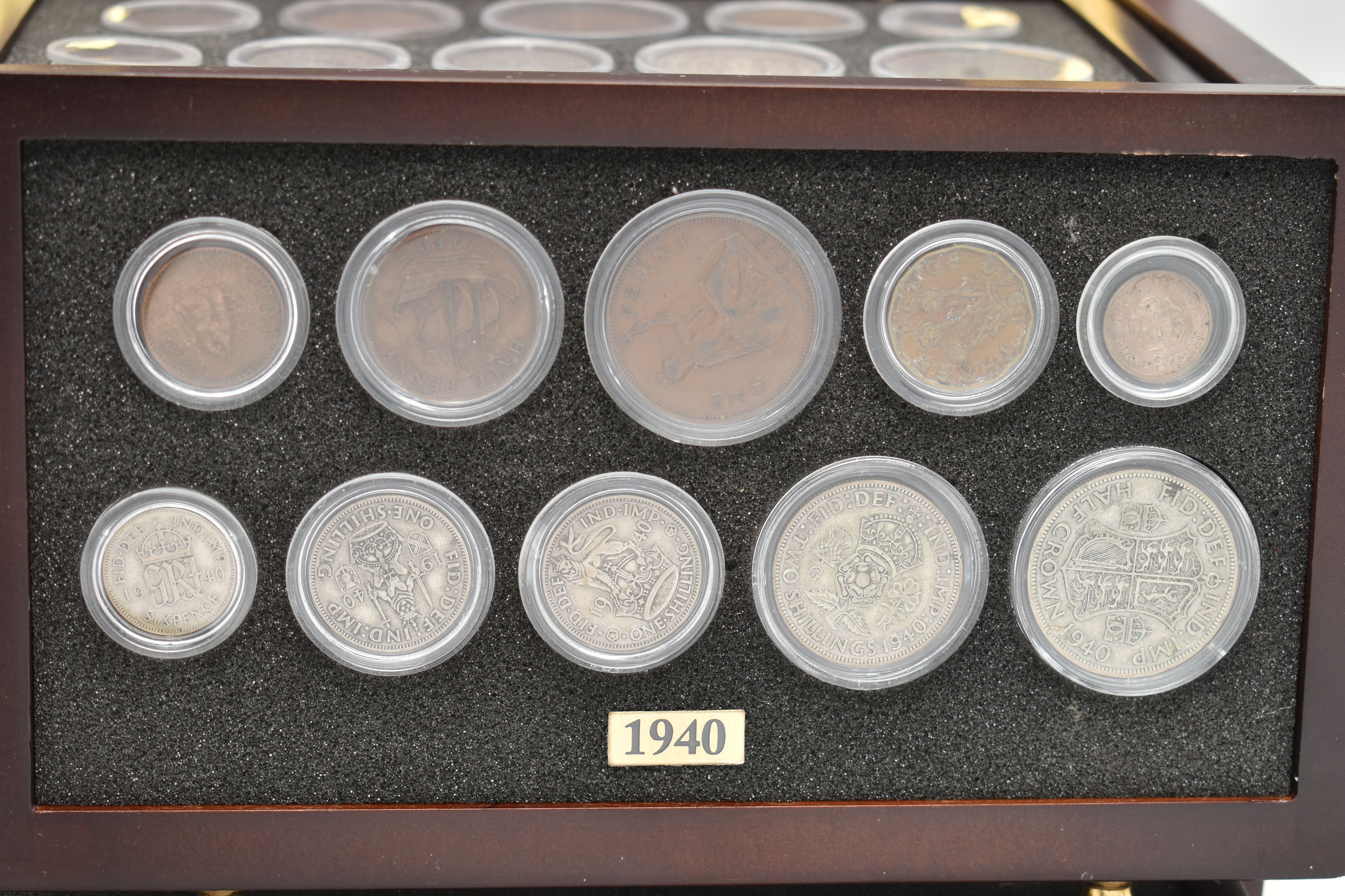 A SMALL WOODEN COIN CABINET, consisting of eight drawers seven containing UK coinage from 1939-1945, - Image 3 of 9