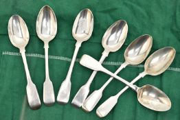 A MATCHED SET OF SEVEN VICTORIAN SILVER FIDDLE PATTERN TEASPOONS, comprising three by maker Benoni