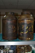TWO TOLEWARE TEA CANISTERS, numbered 21 and 34, one (21) with John Gilbert & Co mark verso, the