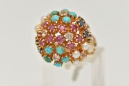 A MULTI GEM RING, of dome design claw set with circular sapphires, rubies, turquoise and cultured