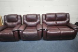 A SOFA HOUSE PLUM UPHOLSTERED THREE PIECE LOUNGE SUITE, comprising a two seater sofa, along with two