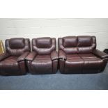 A SOFA HOUSE PLUM UPHOLSTERED THREE PIECE LOUNGE SUITE, comprising a two seater sofa, along with two