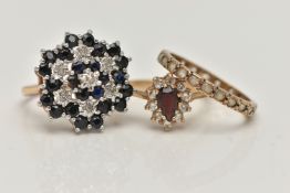 TWO 9CT GOLD GEM SET RINGS AND A FULL ETERNITY RING, to include a large single cut diamond and