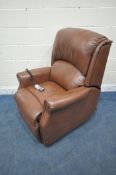 A HSL BROWN LEATHER UPHOLSTERED RISE AND RECLINE ARMCHAIR (condition report: general signs of wear