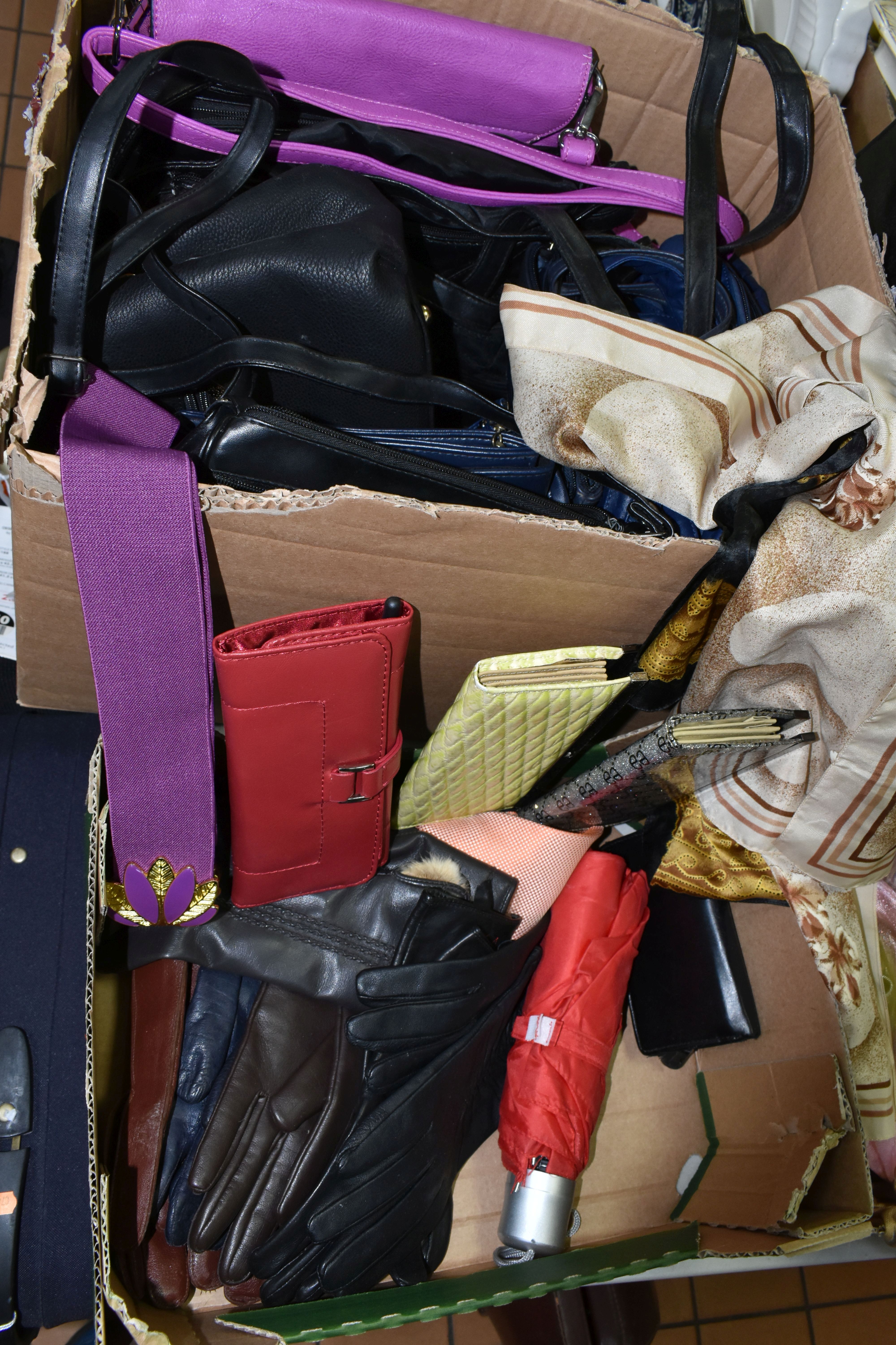 FOUR BOXES OF HANDBAGS, SCARVES AND GLOVES, to include two boxes of bags, brands to include Oasis - Image 2 of 3