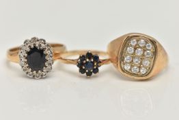 THREE 9CT GOLD GEM SET RINGS, the first a cubic zirconia AF signet ring, misshapen shank, hallmarked