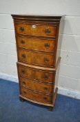 A REPRODUX GEORGIAN STYLE BURR WALNUT BOW FRONT TALLBOY, fitted with six drawers, raised on
