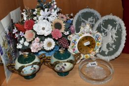 A GROUP OF DECORATIVE ITEMS, CERAMICS AND GLASS, comprising a Coalport clock decorated with modelled
