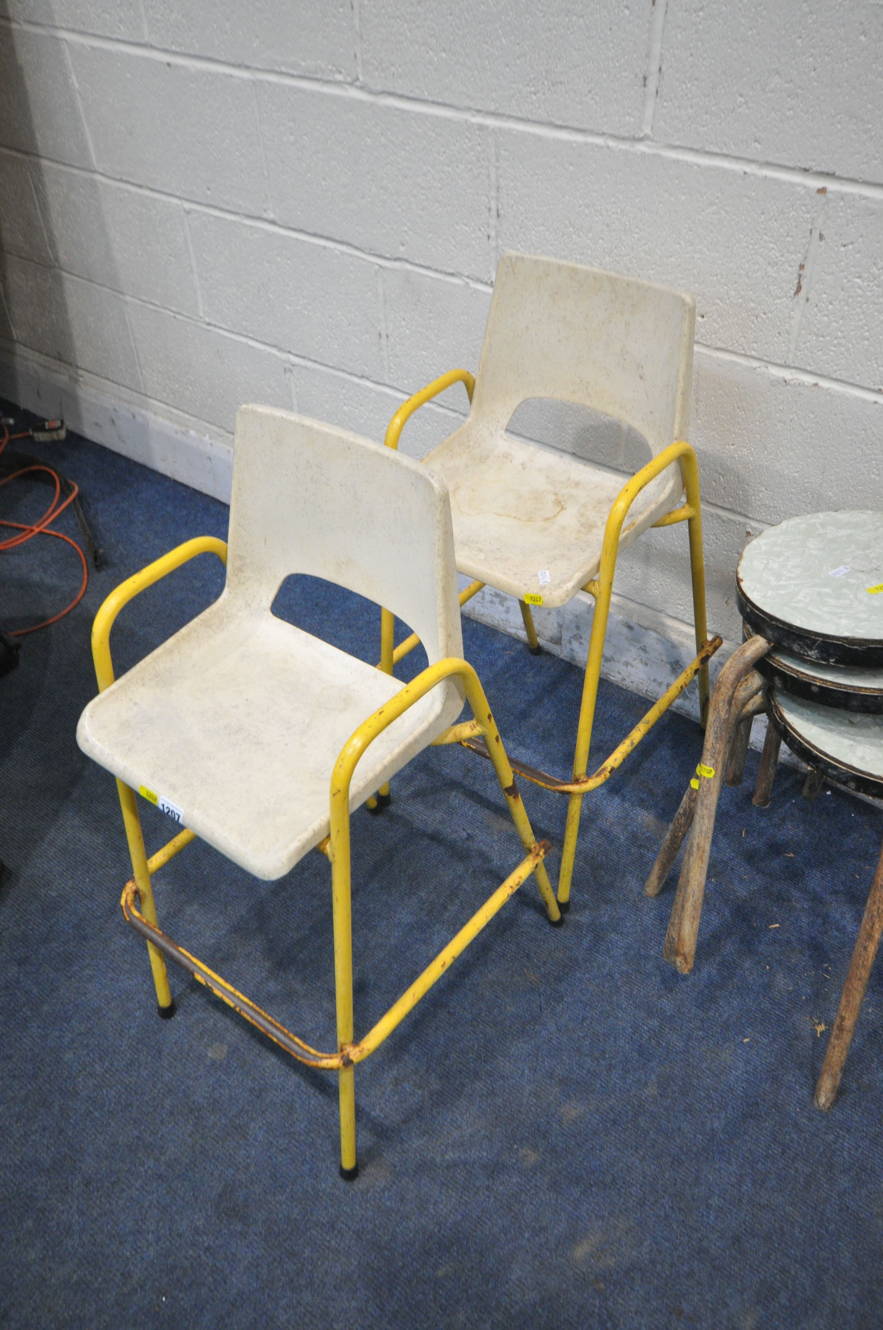 A PAIR OF 20TH CENTURY CHILDS HIGH CHAIRS, with metal frame, a set of three stools, two industrial - Image 2 of 5