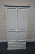 A MODERN WHITE PAINTED PINE DOUBLE DOOR WARDROBE, with two drawers, width 90cm x depth 55cm x height