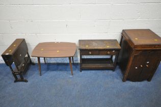 A 20TH CENTURY OAK TWO TIER DROP LEAF TABLE, an oak occasional table, with carved detail to top,