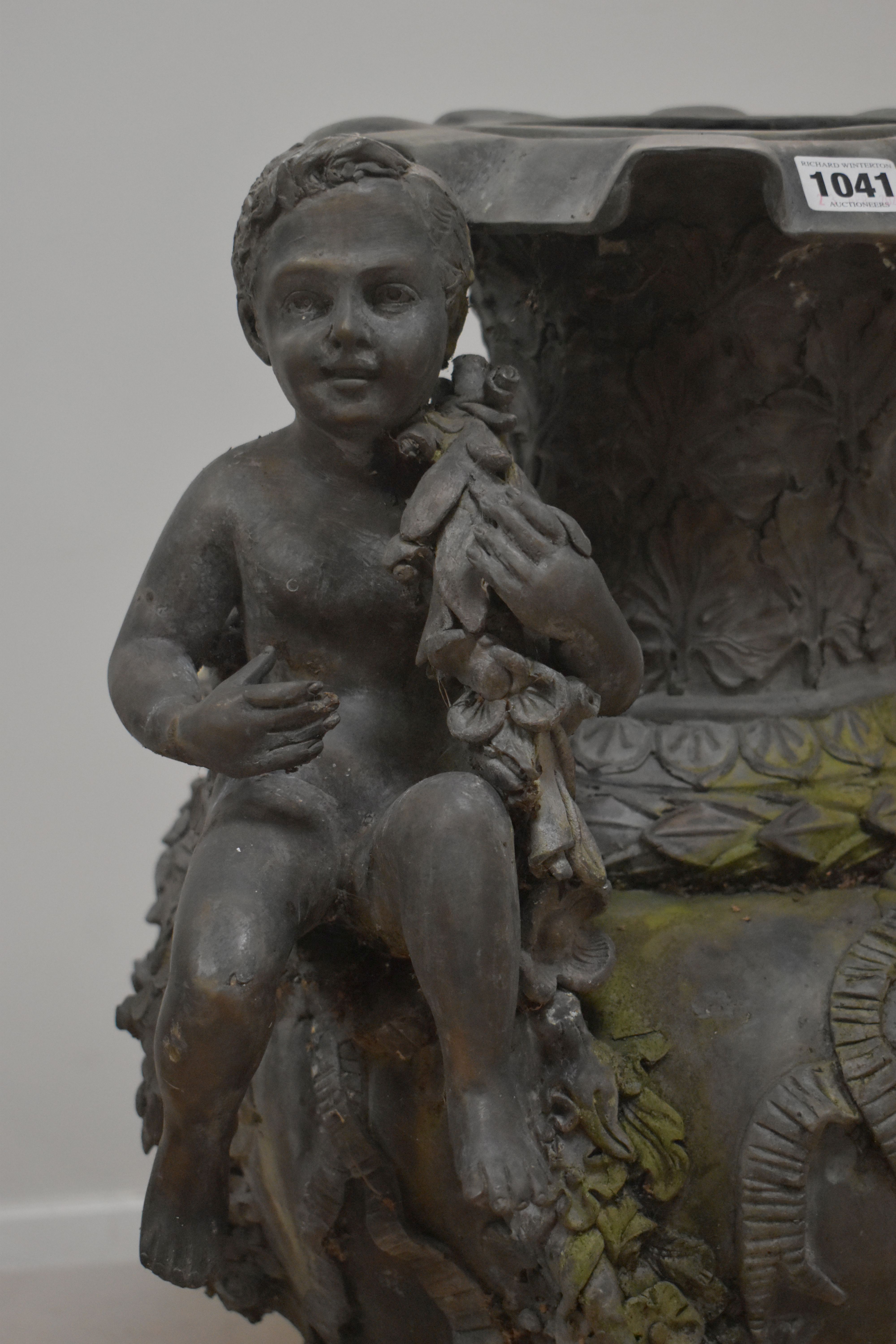 A PAIR OF SECOND HALF 20TH CENTURY WEATHERED BRONZE URNS, cast with two seated putti, two female - Image 5 of 15