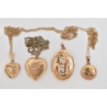 FOUR LOCKETS AND THREE CHAINS, a large oval locket with floral pattern, fitted with a tapered