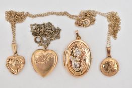 FOUR LOCKETS AND THREE CHAINS, a large oval locket with floral pattern, fitted with a tapered