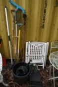 A SELECTION OF GARDEN HAND TOOLS, to include rakes, brushes, etc, along with other garden