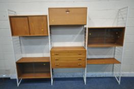 A MID CENTURY TEAK LADDERAX UNIT, comprising four white painted uprights, a fall front bureau
