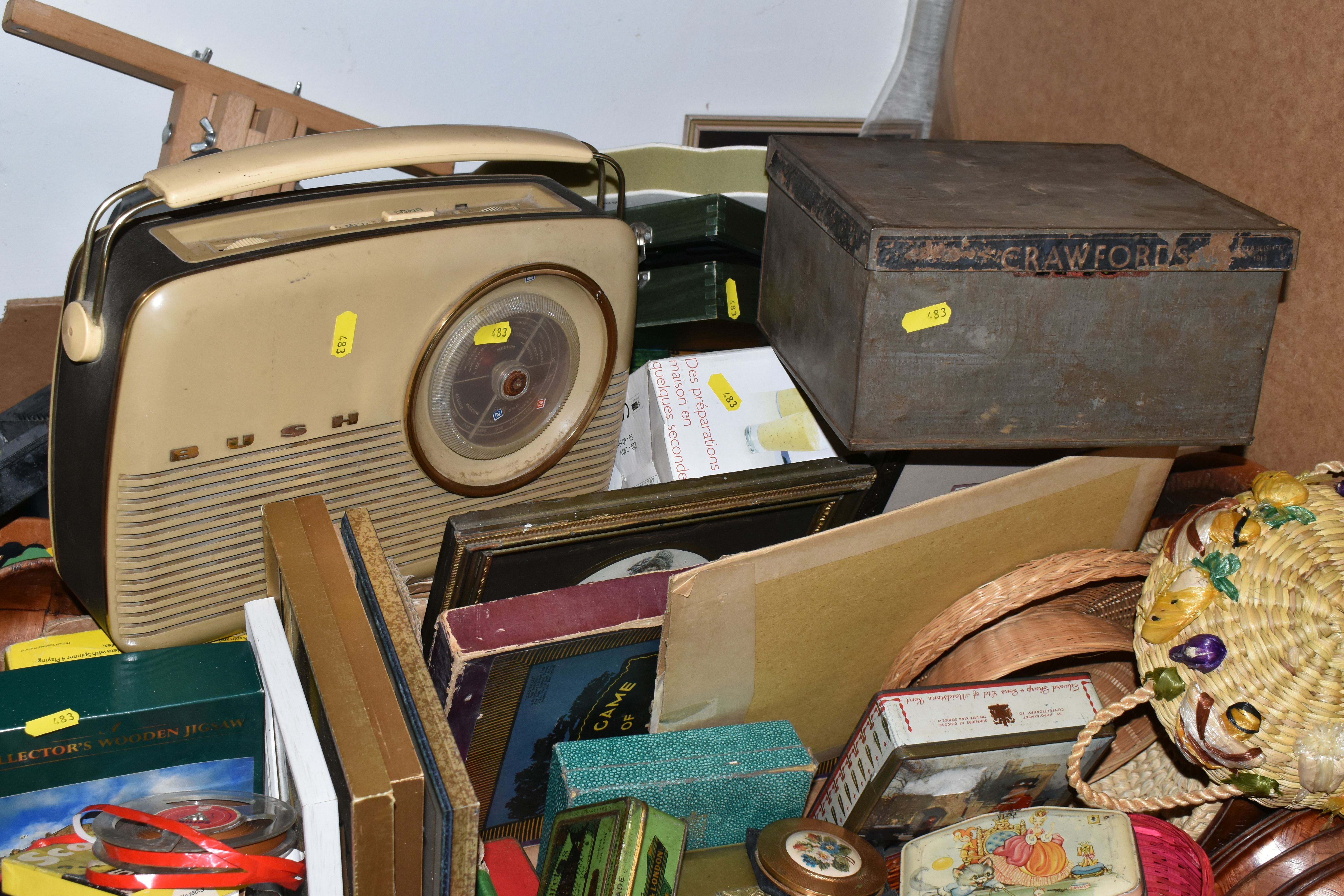 FIVE BOXES AND LOOSE MISCELLANEOUS SUNDRIES, to include a collection of vintage tins, a vintage Bush - Image 7 of 11