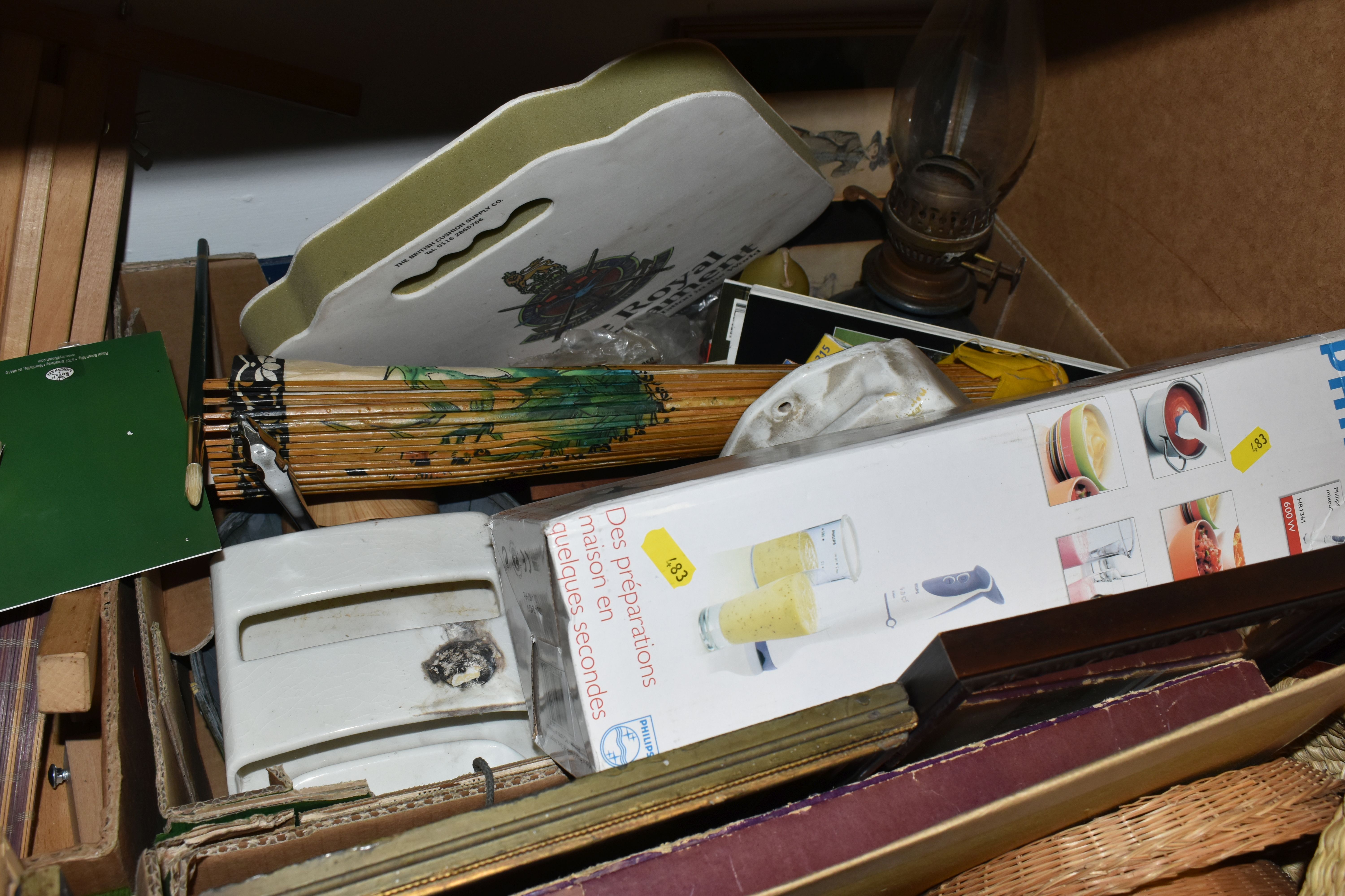 FIVE BOXES AND LOOSE MISCELLANEOUS SUNDRIES, to include a collection of vintage tins, a vintage Bush - Image 10 of 11