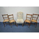 A DUCAL CHAIR, with foliate upholstery, along with a set of four cane seated chairs (condition