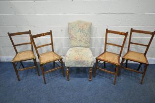 A DUCAL CHAIR, with foliate upholstery, along with a set of four cane seated chairs (condition