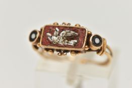 A 19TH CENTURY MICRO MOSAIC RING, yellow metal ring, the panel with micro mosaic depicting a dove (